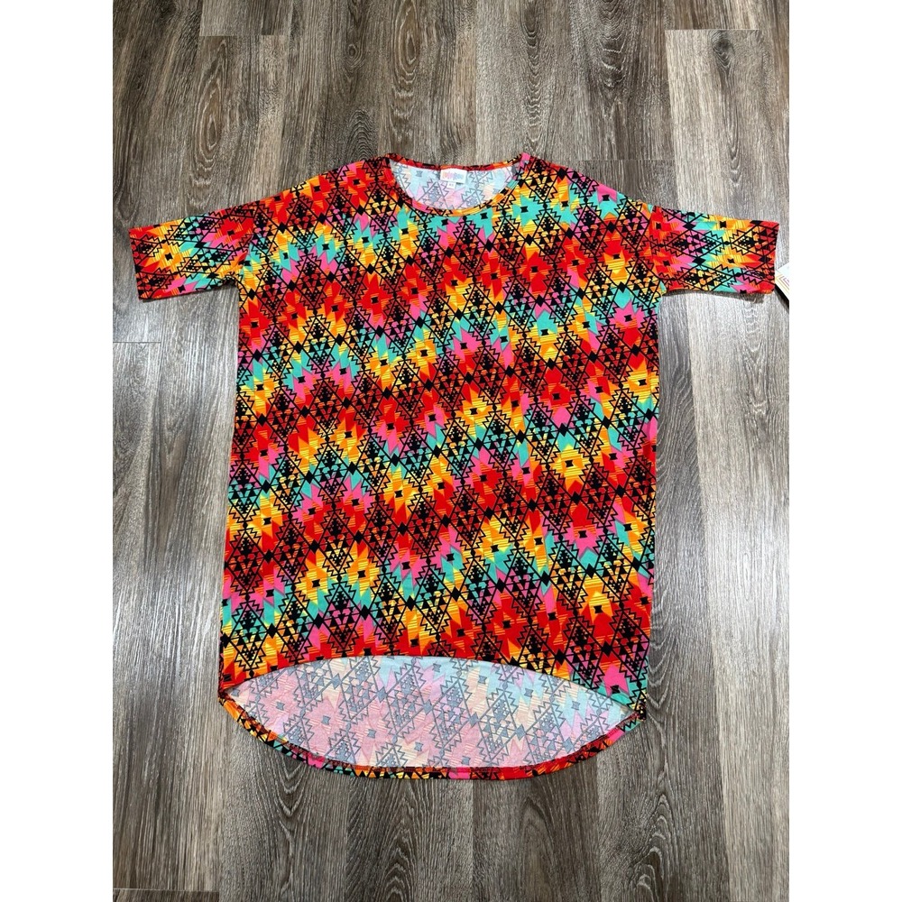 Lularoe Blouse SzXS Irma Aztec Geometic red yellow teal Boho Retro Festival